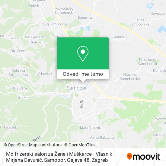 Karta Md frizerski salon za Žene i Muškarce - Vlasnik Mirjana Devunić, Samobor, Gajeva 48