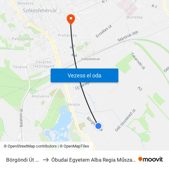 Börgöndi Út / Akácfa Utca to Óbudai Egyetem Alba Regia Műszaki Kar Geoinformatikai Intézet map