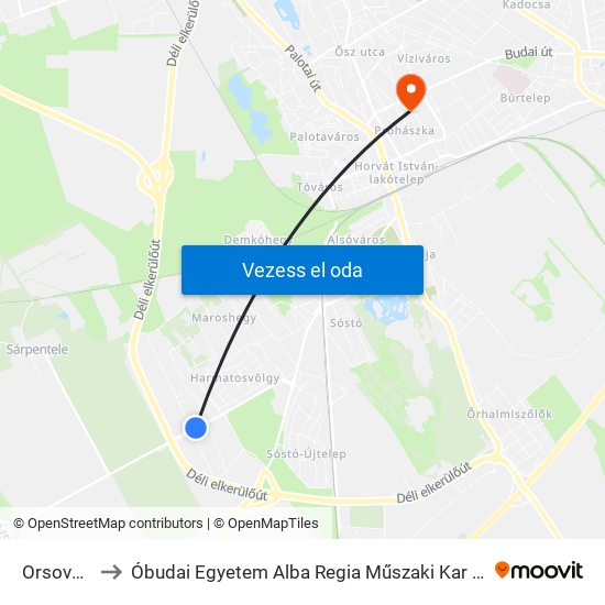 Orsovai Utca to Óbudai Egyetem Alba Regia Műszaki Kar Geoinformatikai Intézet map