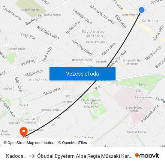 Kadocsa Utca to Óbudai Egyetem Alba Regia Műszaki Kar Geoinformatikai Intézet map