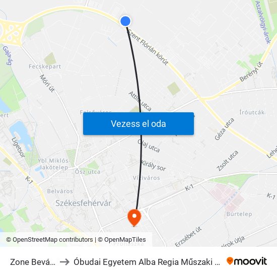 Zone Bevásárlópark to Óbudai Egyetem Alba Regia Műszaki Kar Geoinformatikai Intézet map
