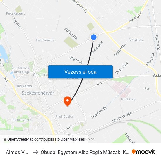 Álmos Vezér Utca to Óbudai Egyetem Alba Regia Műszaki Kar Geoinformatikai Intézet map