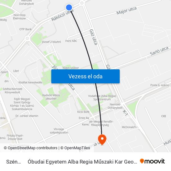 Széna Tér to Óbudai Egyetem Alba Regia Műszaki Kar Geoinformatikai Intézet map