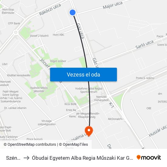 Széna Tér to Óbudai Egyetem Alba Regia Műszaki Kar Geoinformatikai Intézet map