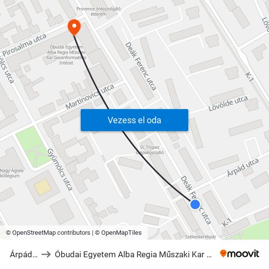 Árpád Utca to Óbudai Egyetem Alba Regia Műszaki Kar Geoinformatikai Intézet map