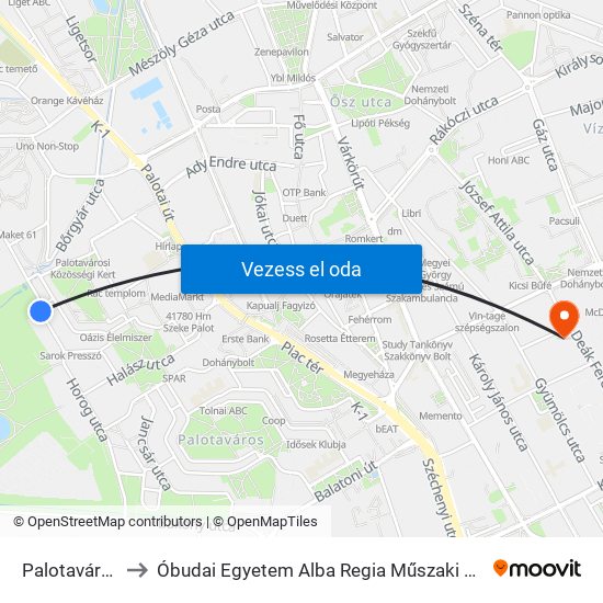 Palotavárosi Tavak to Óbudai Egyetem Alba Regia Műszaki Kar Geoinformatikai Intézet map