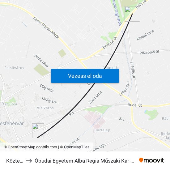 Köztemető to Óbudai Egyetem Alba Regia Műszaki Kar Geoinformatikai Intézet map