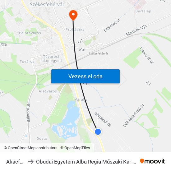 Akácfa Utca to Óbudai Egyetem Alba Regia Műszaki Kar Geoinformatikai Intézet map