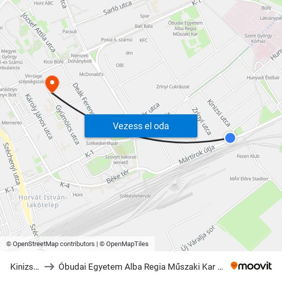 Kinizsi Utca to Óbudai Egyetem Alba Regia Műszaki Kar Geoinformatikai Intézet map