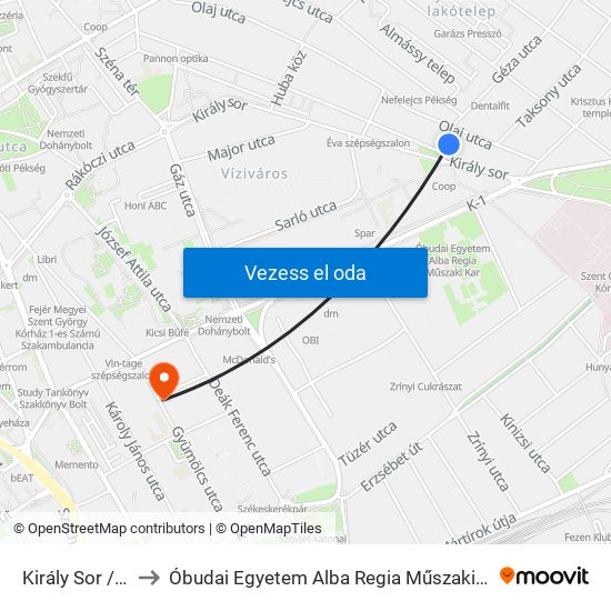 Király Sor / Géza Utca to Óbudai Egyetem Alba Regia Műszaki Kar Geoinformatikai Intézet map