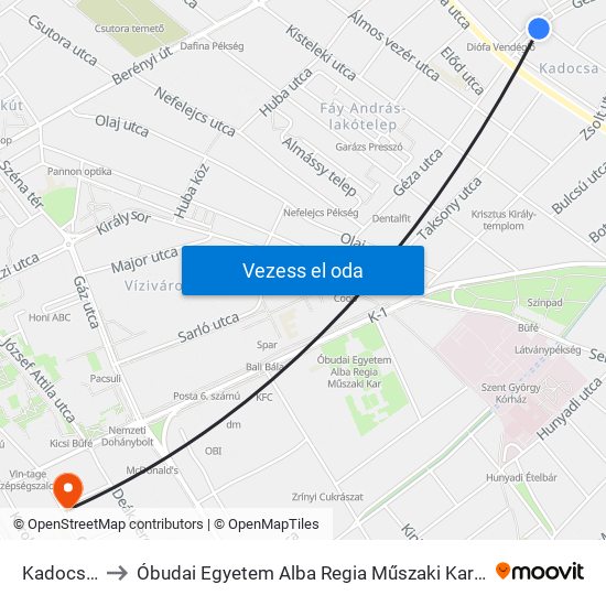 Kadocsa Utca to Óbudai Egyetem Alba Regia Műszaki Kar Geoinformatikai Intézet map