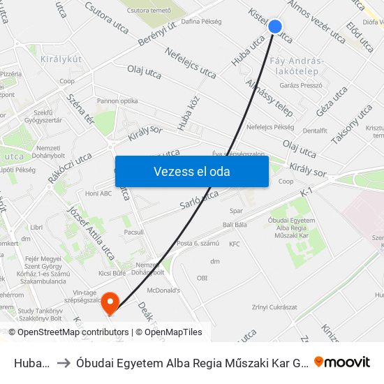 Huba Utca to Óbudai Egyetem Alba Regia Műszaki Kar Geoinformatikai Intézet map