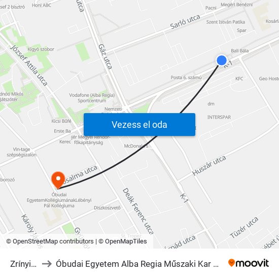 Zrínyi Utca to Óbudai Egyetem Alba Regia Műszaki Kar Geoinformatikai Intézet map