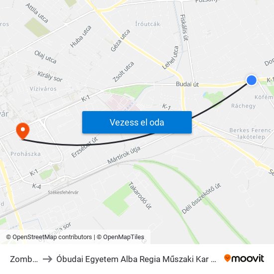 Zombori Út to Óbudai Egyetem Alba Regia Műszaki Kar Geoinformatikai Intézet map