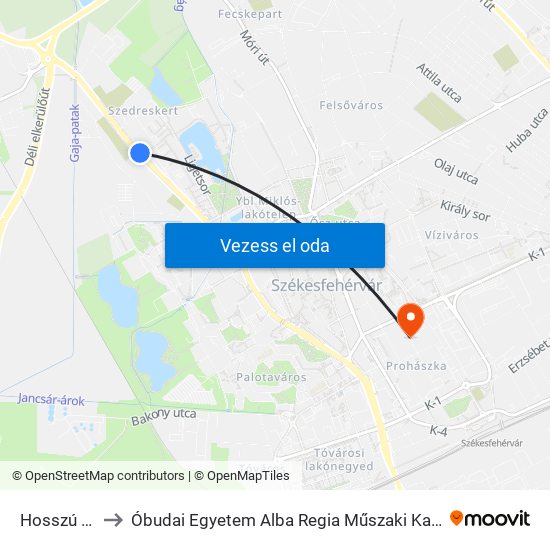 Hosszú Temető to Óbudai Egyetem Alba Regia Műszaki Kar Geoinformatikai Intézet map