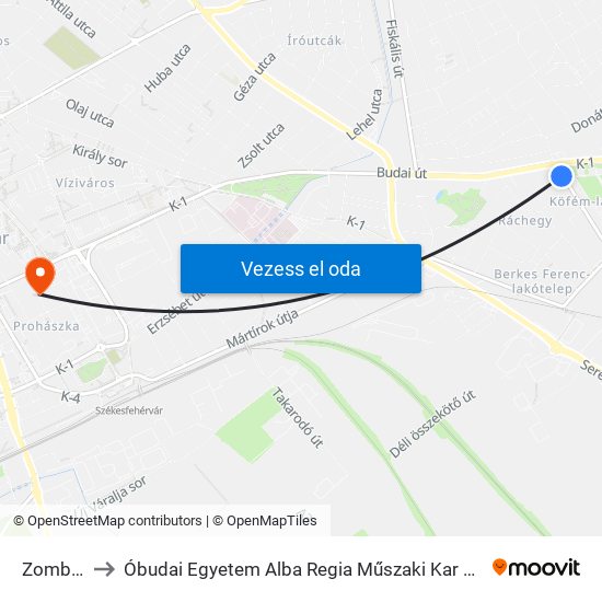 Zombori Út to Óbudai Egyetem Alba Regia Műszaki Kar Geoinformatikai Intézet map