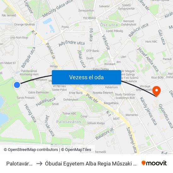 Palotavárosi Tavak to Óbudai Egyetem Alba Regia Műszaki Kar Geoinformatikai Intézet map