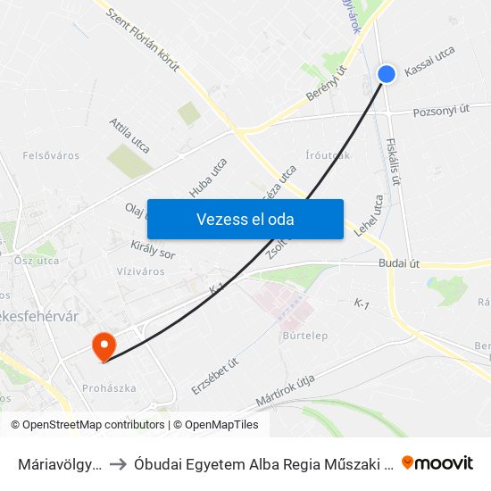 Máriavölgyi Elágazás to Óbudai Egyetem Alba Regia Műszaki Kar Geoinformatikai Intézet map