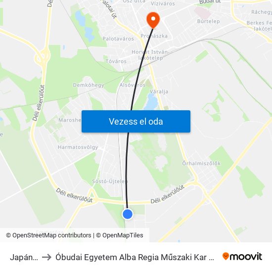 Japán Utca to Óbudai Egyetem Alba Regia Műszaki Kar Geoinformatikai Intézet map