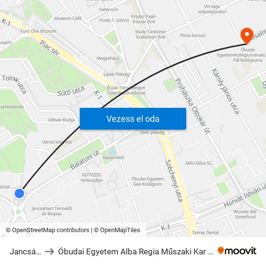 Jancsár Utca to Óbudai Egyetem Alba Regia Műszaki Kar Geoinformatikai Intézet map