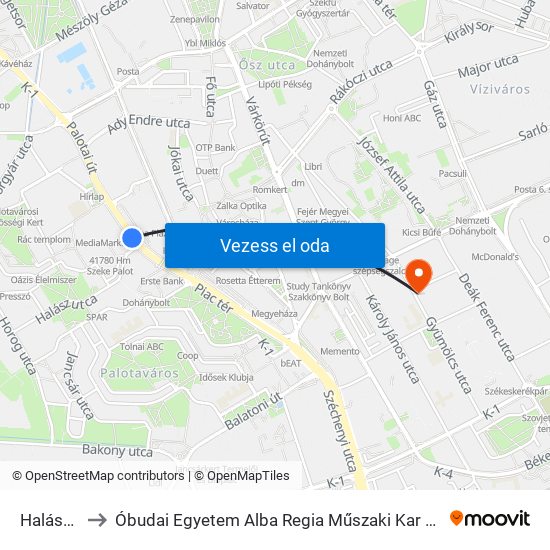 Halász Utca to Óbudai Egyetem Alba Regia Műszaki Kar Geoinformatikai Intézet map