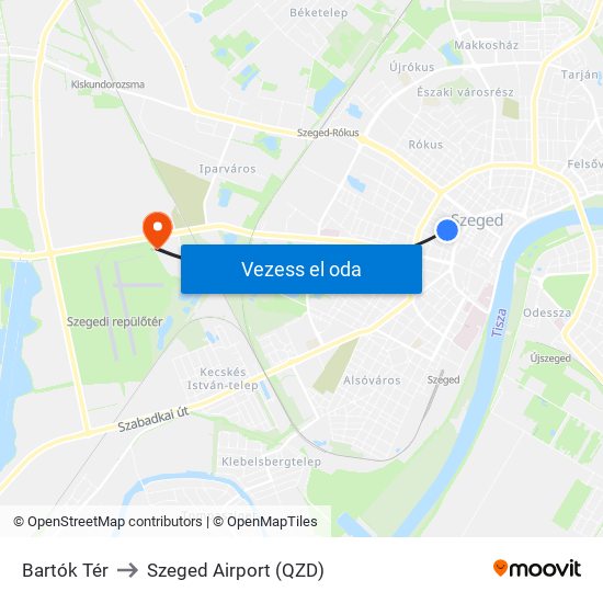 Bartók Tér to Szeged Airport (QZD) map