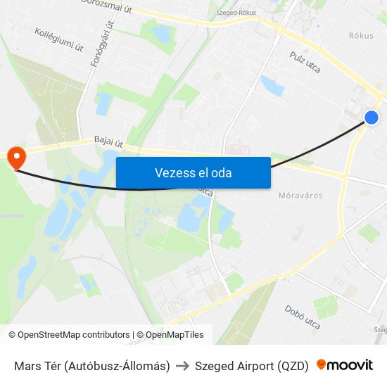 Mars Tér (Autóbusz-Állomás) to Szeged Airport (QZD) map