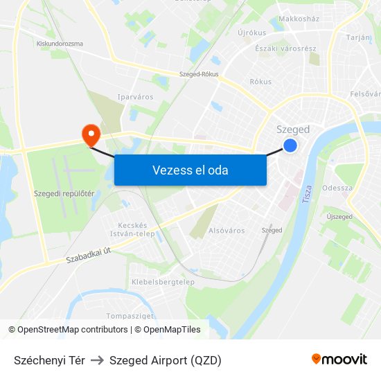 Széchenyi Tér to Szeged Airport (QZD) map