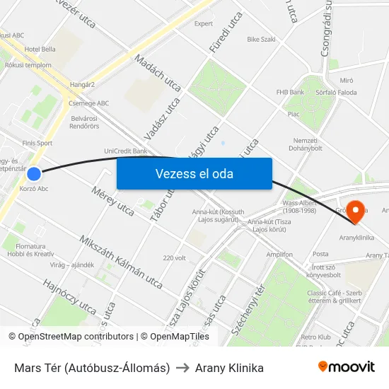 Mars Tér (Autóbusz-Állomás) to Arany Klinika map