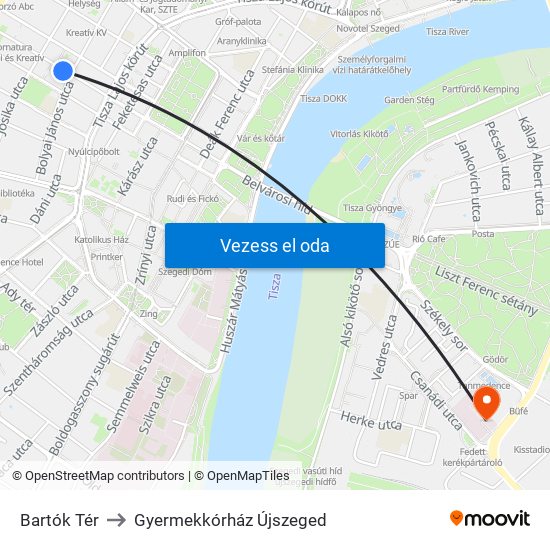 Bartók Tér to Gyermekkórház Újszeged map