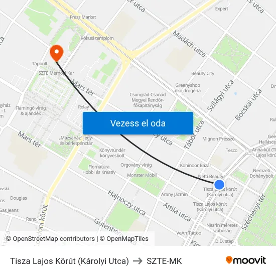 Tisza Lajos Körút (Károlyi Utca) to SZTE-MK map
