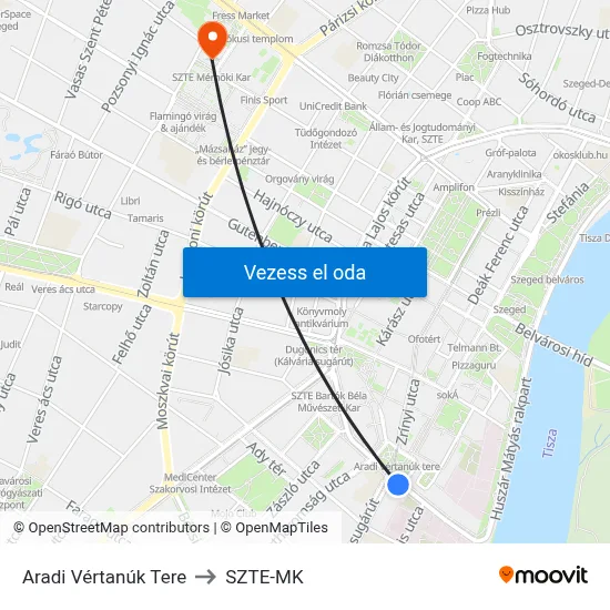 Aradi Vértanúk Tere to SZTE-MK map