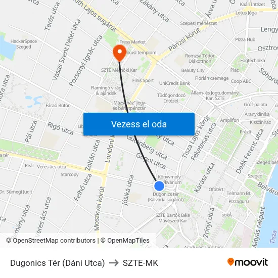 Dugonics Tér (Dáni Utca) to SZTE-MK map