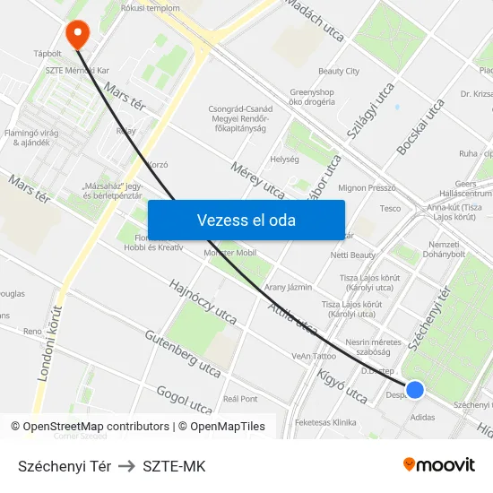 Széchenyi Tér to SZTE-MK map