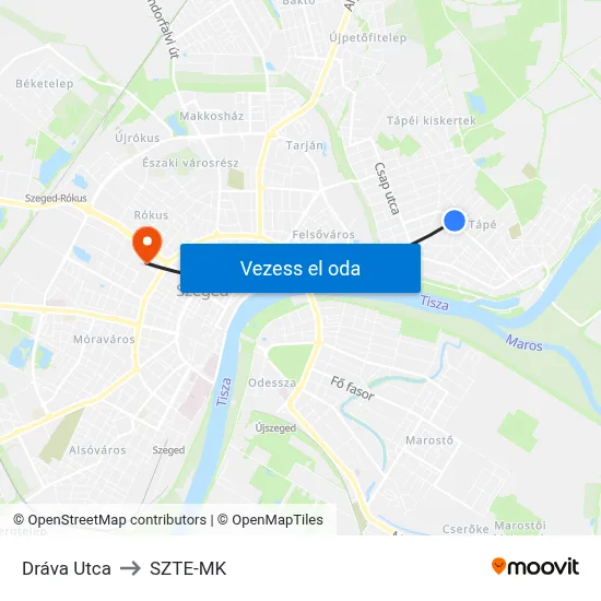 Dráva Utca to SZTE-MK map