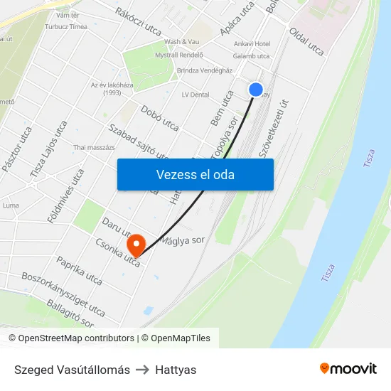 Szeged Vasútállomás to Hattyas map