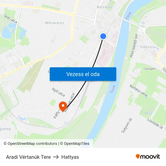 Aradi Vértanúk Tere to Hattyas map