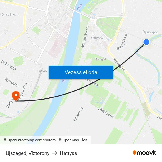 Újszeged, Víztorony to Hattyas map