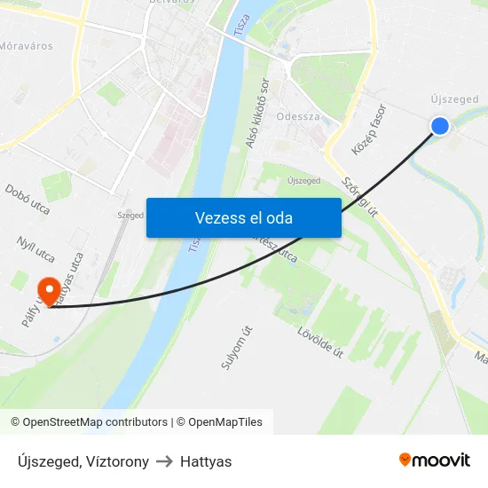 Újszeged, Víztorony to Hattyas map