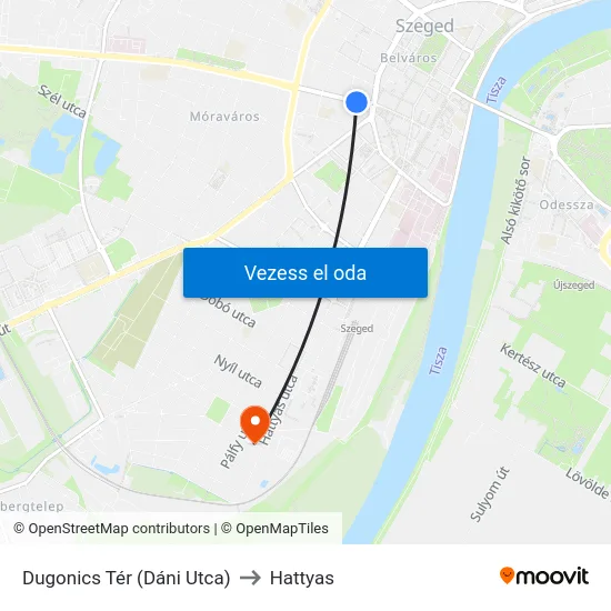 Dugonics Tér (Dáni Utca) to Hattyas map