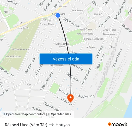 Rákóczi Utca (Vám Tér) to Hattyas map