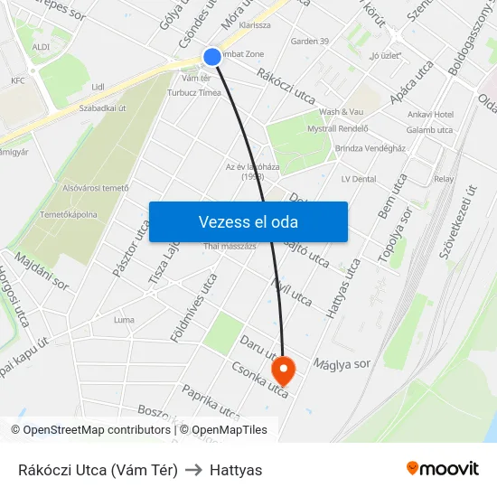 Rákóczi Utca (Vám Tér) to Hattyas map