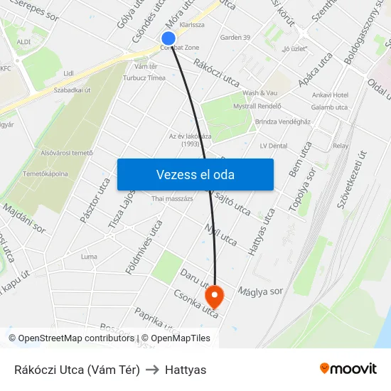 Rákóczi Utca (Vám Tér) to Hattyas map