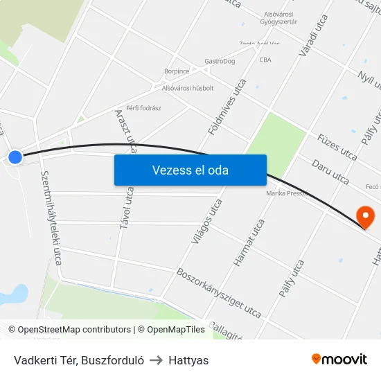 Vadkerti Tér, Buszforduló to Hattyas map