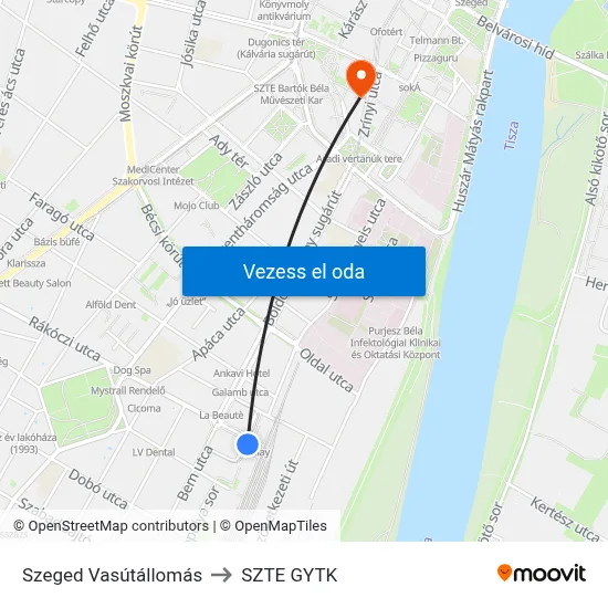 Szeged Vasútállomás to SZTE GYTK map