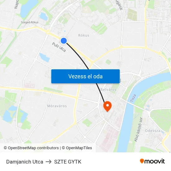 Damjanich Utca to SZTE GYTK map