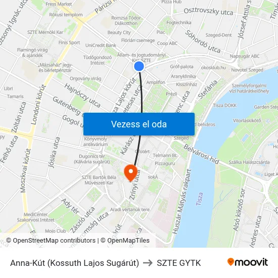 Anna-Kút (Kossuth Lajos Sugárút) to SZTE GYTK map