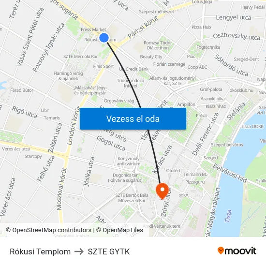 Rókusi Templom to SZTE GYTK map