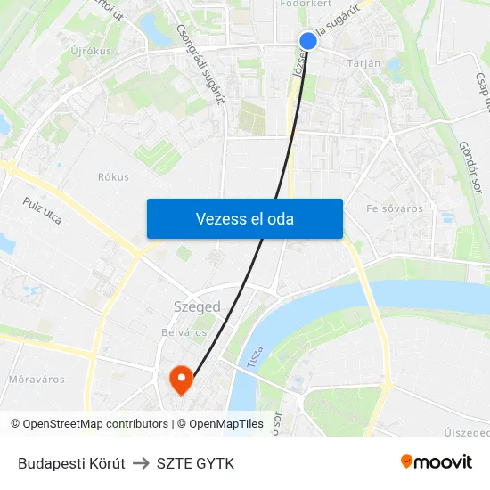 Budapesti Körút to SZTE GYTK map