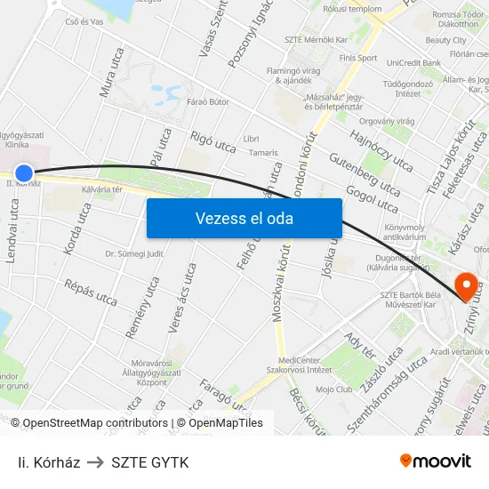 Ii. Kórház to SZTE GYTK map